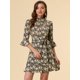 thumbnail image 3 of Vestido con volantes y volantes con cuello alto y manga acampanada 3/4 con cuello alto y fruncido floral para mujer Negro beige S, 3 of 6