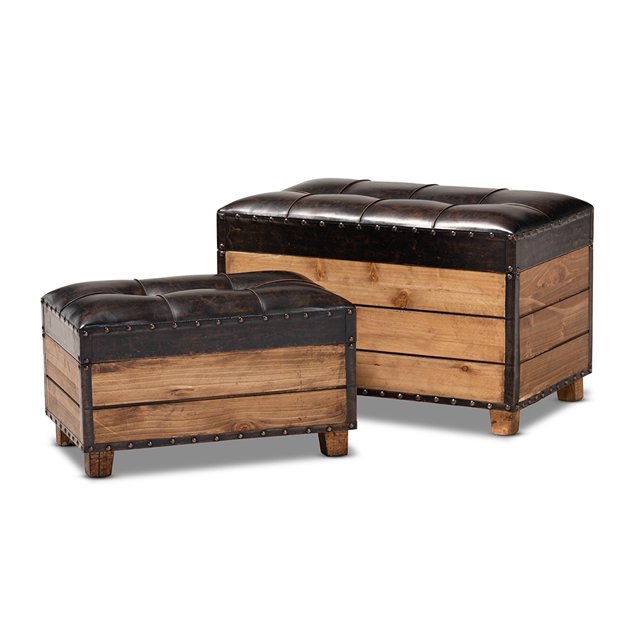 Baxton Studio Marelli Rustique Brun Foncé Similicuir Rembourré Ensemble de 2 Poufs de Rangement en Bois 2 Pcs