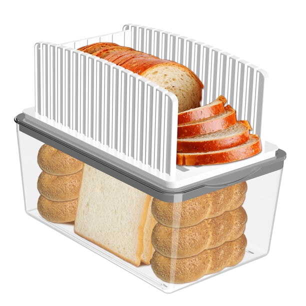 Rebanadora de pan mejorada para pan casero con caja de pan Guía para cortar pan Ancho ajustable Guía de corte plegable y compacta con bandeja para migas Idoneidad para pasteles de bagels de pan casero