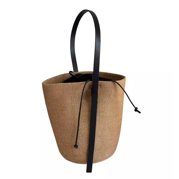 Straw Bags for Women, Solid Color Woven Straw Bucket Bag Cute Casual Shoulder Bag for Travel Shopping
