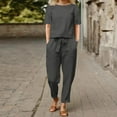 thumbnail image 2 of Bjutir Women Summer Solid Color Casual Cotton Linen Short Sleeve Round Neck Tops With Loose Wide Leg Pants Suit Dark Gray, 2 of 7