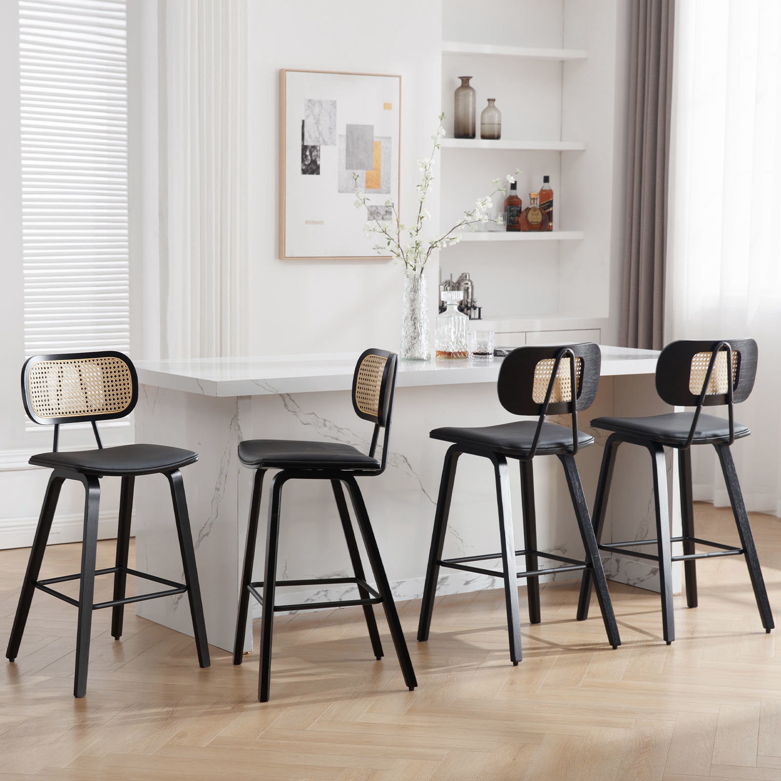 WOOW DEPOT PU Bar Stools 26" Counter Height w/ Rattan Back Set of 1, Modern Black Bent Wood Bartool Leather Upholstered Chair for Kitchen Pub Island Dining Room