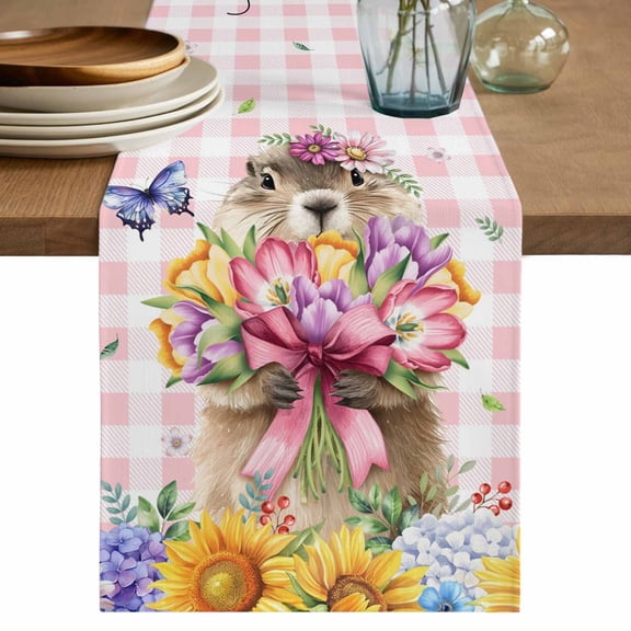 Table Runner 48 Inches Long for Kitchen Dining, Spring Groundhog Dresser Scarf Farmhouse, Dining Table Decorations for Wedding/Parties, Watercolor Sunflower Botanical Pink Plaid 13 x 48 In
