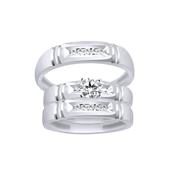 AFFY White Natural Diamond Accent Wedding & Engagement Trio Band Ring Set In 10k White Gold (0.07 Cttw)