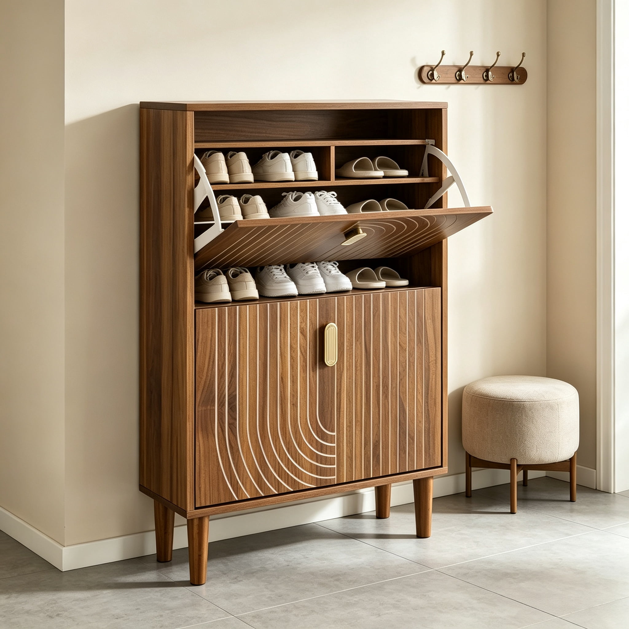 Shoe Storage Cabinet with 2 Flip Drawers, Free Standing Shoe Cabinet with Metal Handles for Entryway,Shoe Rack Cabinet with Line Groove Design, 23.6"W