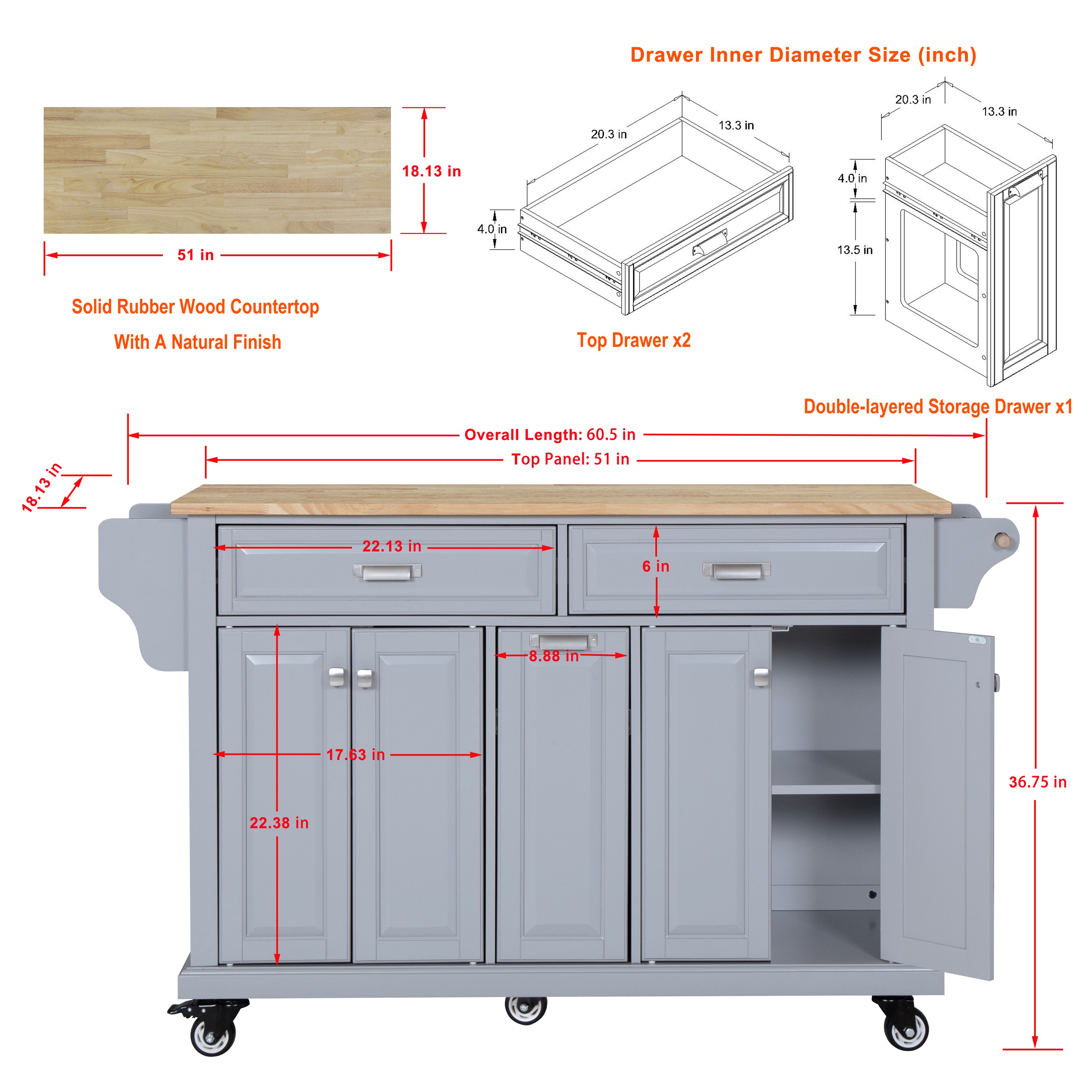 AR Airui Polin 60.5" Kitchen Island on Wheels, 4 Doors 3 Drawers, Rubberwood, Gray