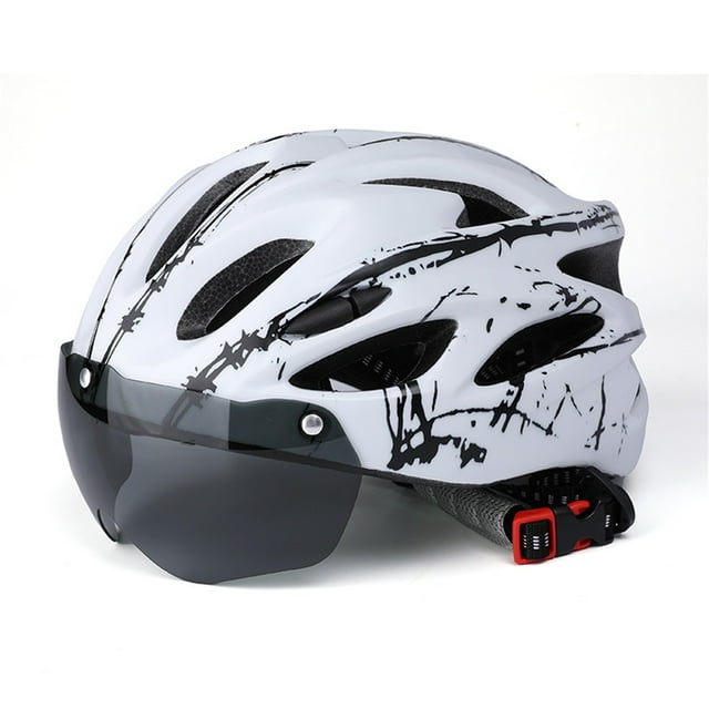 Casco de bicicleta de carretera con buena protección, hebilla de seguridad, resistente a impactos, con gafas para carreras, blanco y negro.