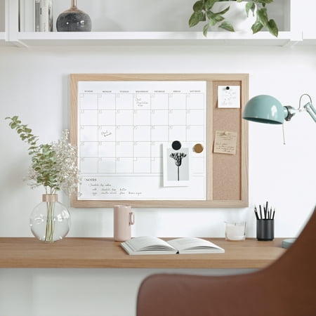 Martha Stewart - Everette Dry Erase Magnetic Monthly Calendar/Cork Board-24x18 - Light Natural Woodgrain
