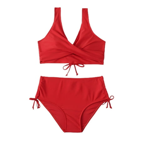 SWSMCLT Women s High Waisted Bikini Set Solid 2 Piece Padded Tummy Control Side Tie Ruched Strappy Cheeky High Cut Swimsuit Beach Slimming Criss Cross V Neck Bathing Suit Red Large