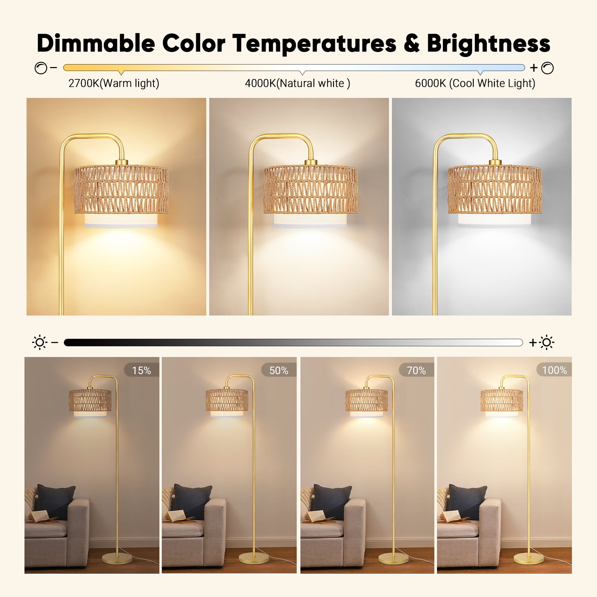 SparkGlowy Gold Floor Lamp with 3 Color Temperatures, Farmhouse Tall Lamp for Living Room, Boho Standing Lamp with Rattan & Fabric Shades