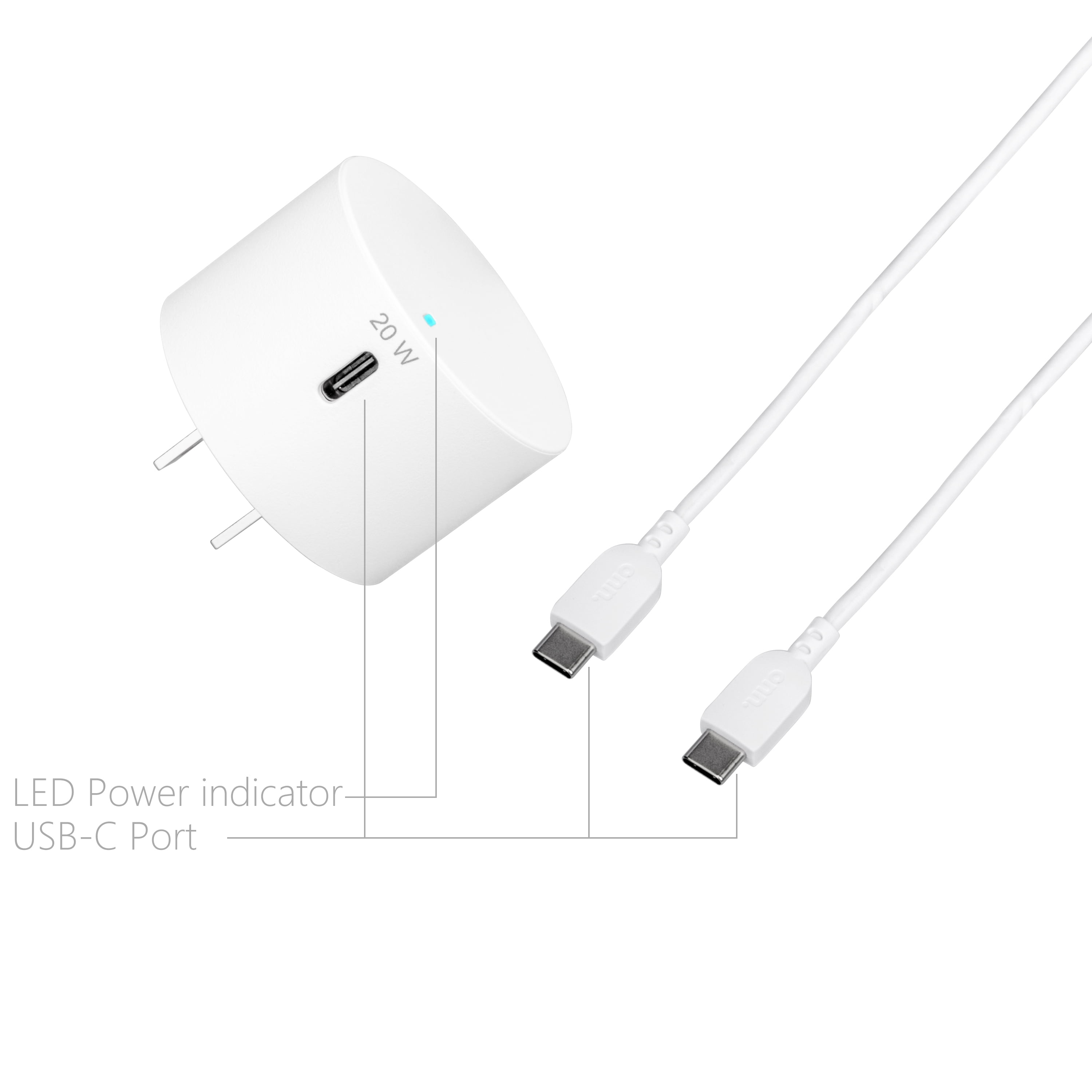 onn. 20W Power Delivery Wall Charging Kit with USB-C Charging Cable, White