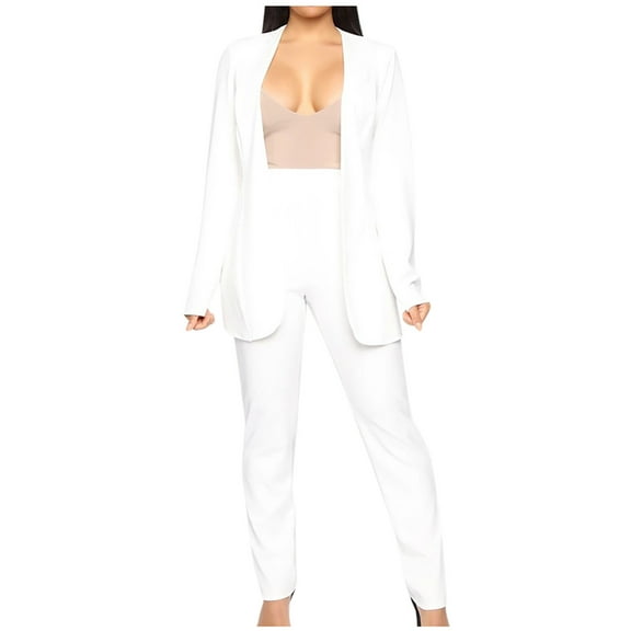 QQAMB Blazer for Womens Spring Suit Set Dressy Casual Business Work 2 Piece Outfits for Office Open-Front Blazer and Pants Solid Sets White M