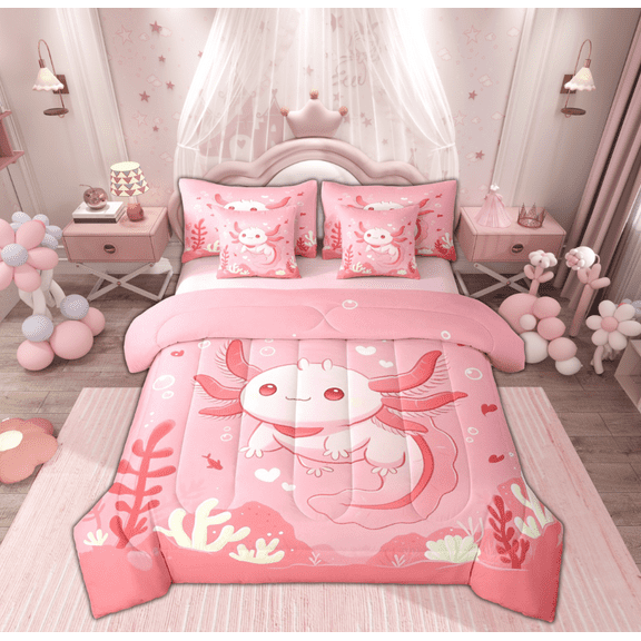 Manfei Cartoon Pink Axolotl Twin Bedding Sets 7-Piece for Kid, Dreamy Underwater World Bedding Comforter Set, Kawaii Animal Reversible Sheet Sets, Luxury Bedroom Decor