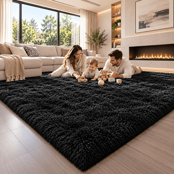 ICREOPRO 5' x 8' Black Shag Area Rug, 1.38" High Pile Soft Fluffy Rug with Cushioning Foam and Non-Slip Backing for Living Room Bedroom
