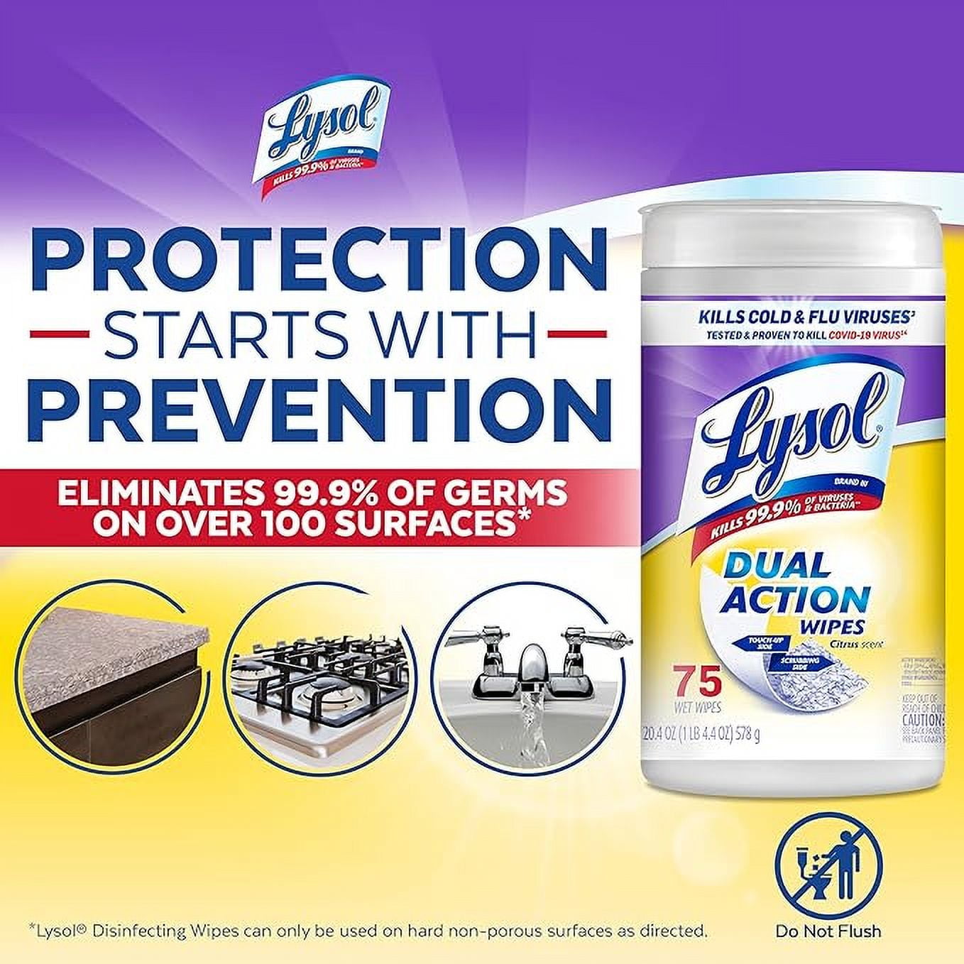 Lysol Disinfecting Wipes Dual Action, Citrus Scent, 75 Count, 3 Pack