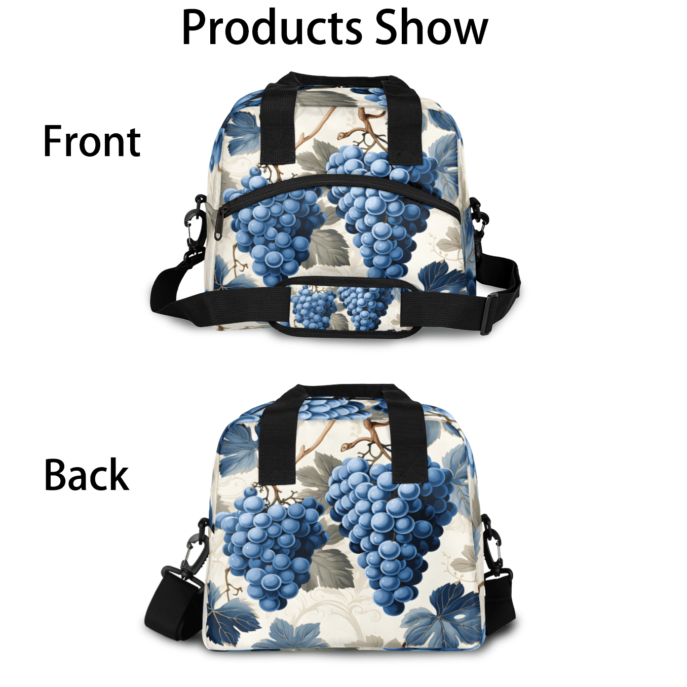 Herdesigns Blue Grapes Insulated Lunch Bag for Women Men Adults Large Reusable Lunch Box Fruit Leakproof Cooler Tote Bags with Adjustable Shoulder Strap
