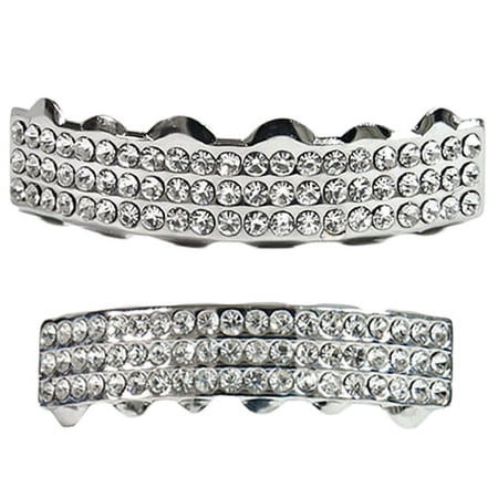 Bling Best Grillz Set Three Row Top & Bottom Teeth Silver Tone Hip Hop Grills