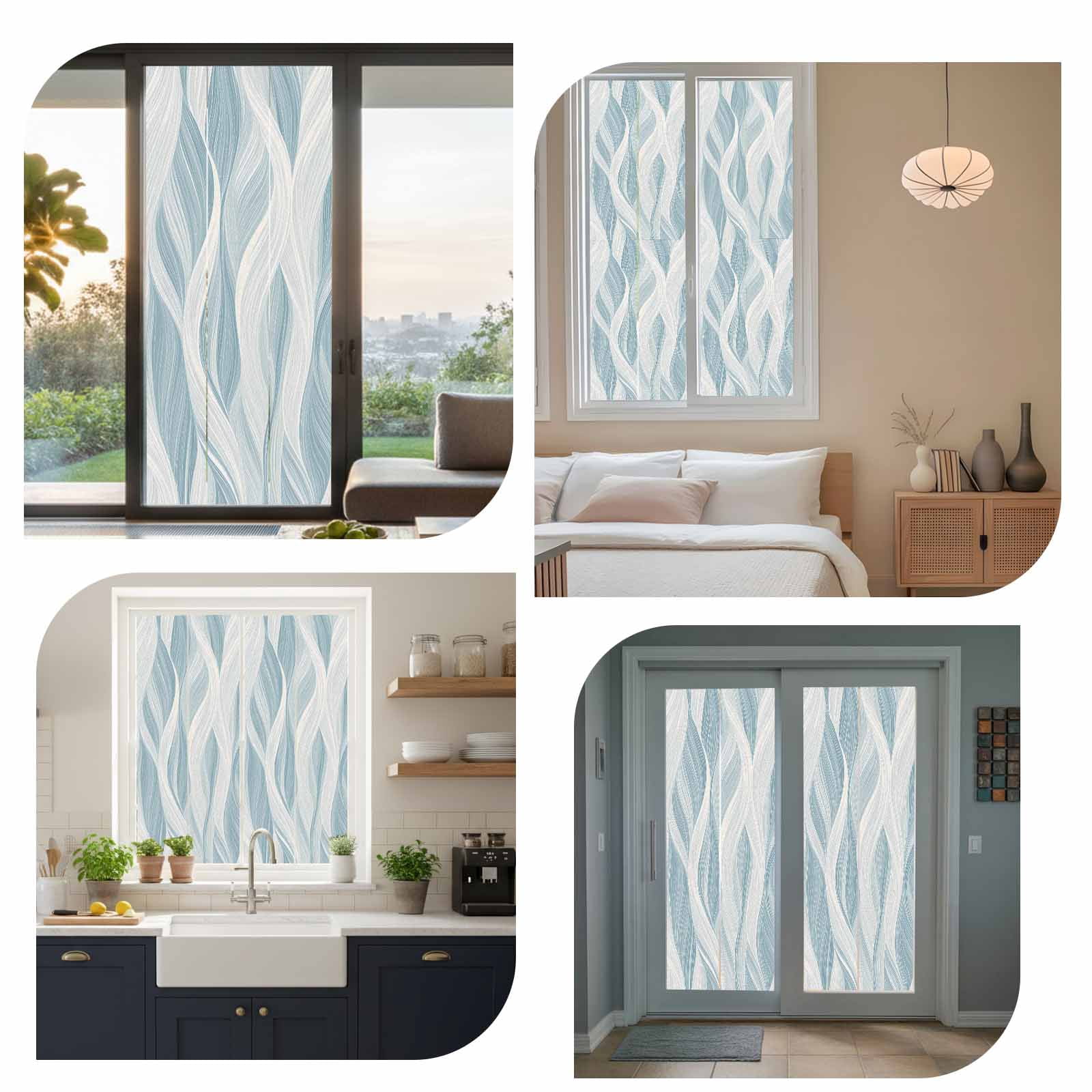 White Blue Ombre Stripe Window Privacy Film, Modern Abstract Moire Waves Static Cling UV Sun Blocking Tint Film Heat Control Windows Films for Bedroom Bathroom, Window Stickers 23.6"x59"