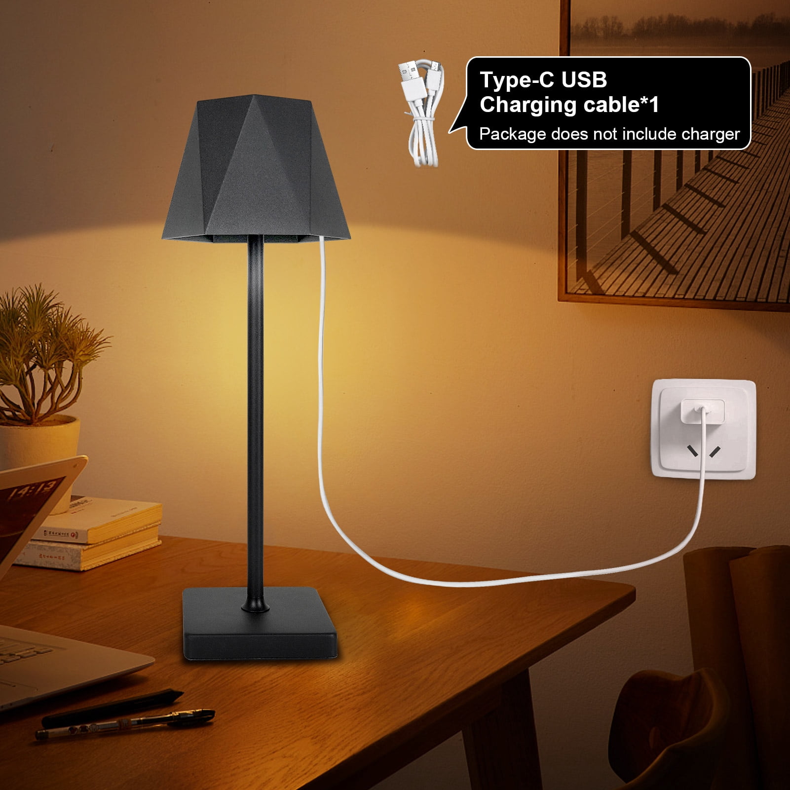 Asibpxy 14" Modern Cordless Matte Black Aluminum Table Lamp with Black Geometric Shade