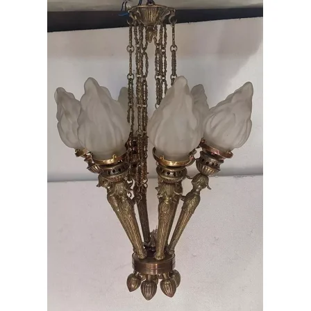 Vintage Art Deco Mashaal 6-Light Chandelier – Brass & Frosted Glass Hanging Lamp