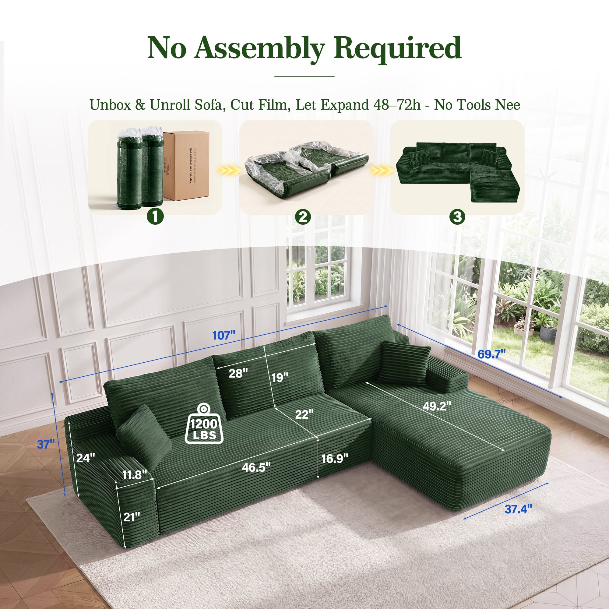 Aukfa 107" Boneless Modular Sectional Sofa, L-Shaped Corduroy Couch with Deep Seat and Right-Facing Chaise for Living Room, Emerald