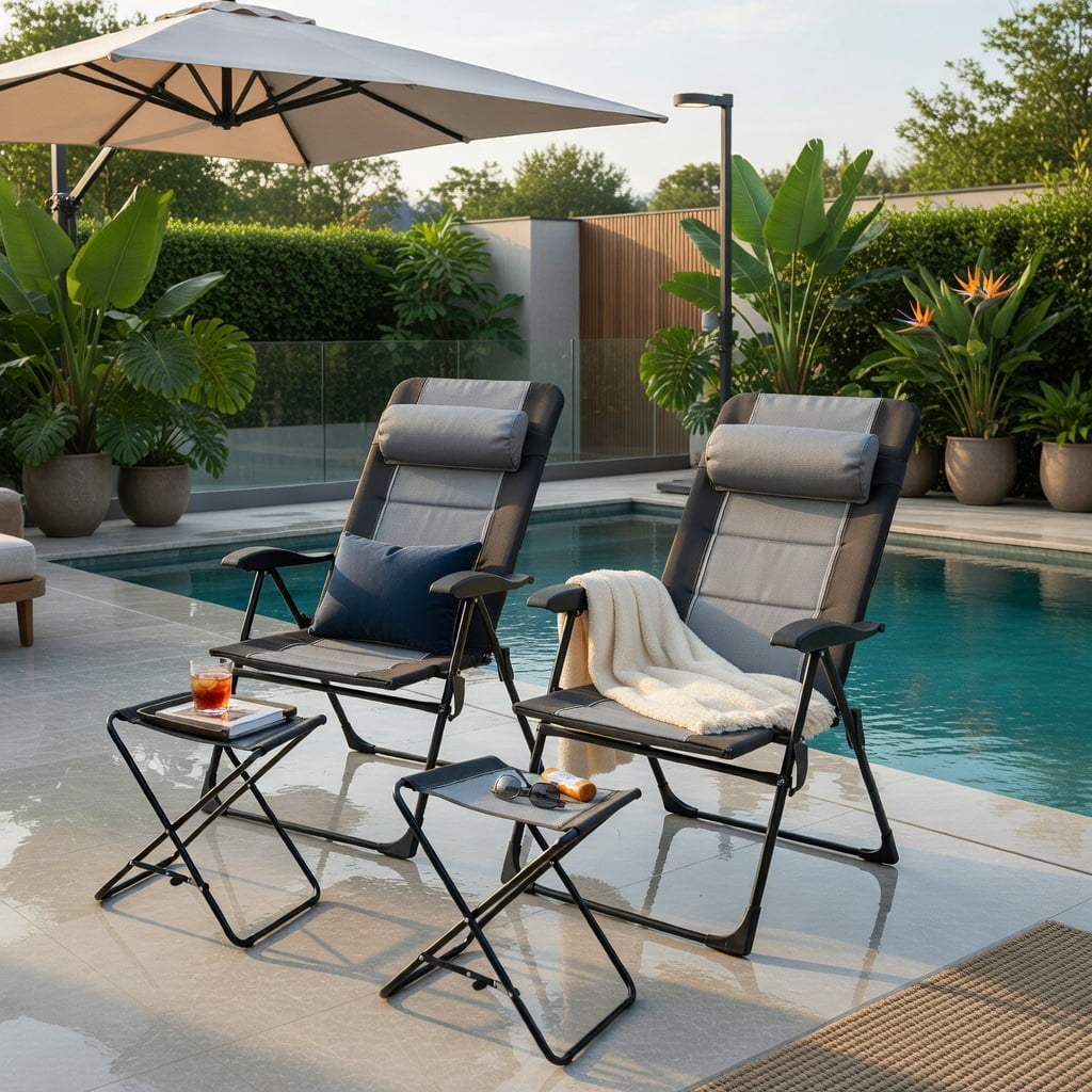 Hommoo Patiojoy 2-Piece Folding Patio Dining Chair Set with Matching Ottomans, Adjustable Reclining Steel Frame, Breathable Oxford Fabric, Outdoor Seating for Deck, Poolside & Lawn, Gray
