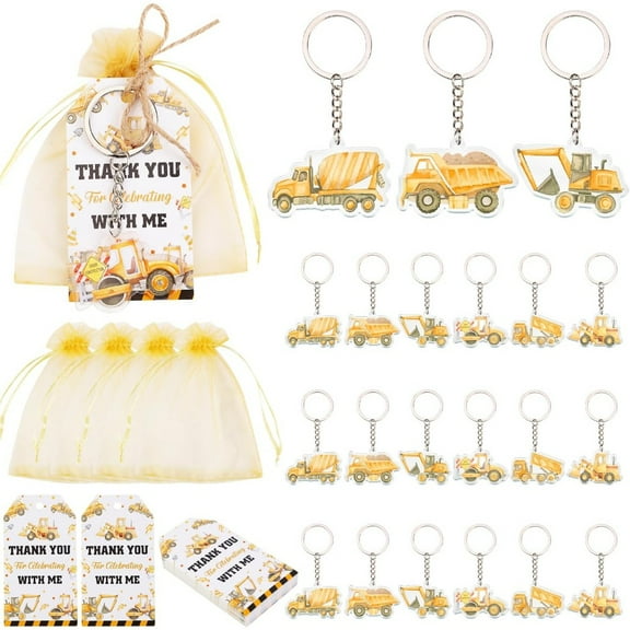 TWO WILD Serencatcher Construction Theme Party Favor, 72pcs Truck Party Favor Key Chain Thank You for Celebrating with Me Tag White Organza Bag for Construction Baby Shower Birthday Party Supplies