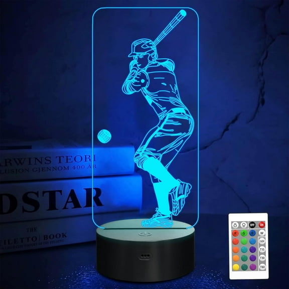 Baseball 3D Night Light, Baseball Batter Sport Gifts Bedside Lamp for Xmas Holiday Birthday Gifts for Kids Baseball Fan with Remote Control 16 Colors Changing 4 Changing Mode Dim Function