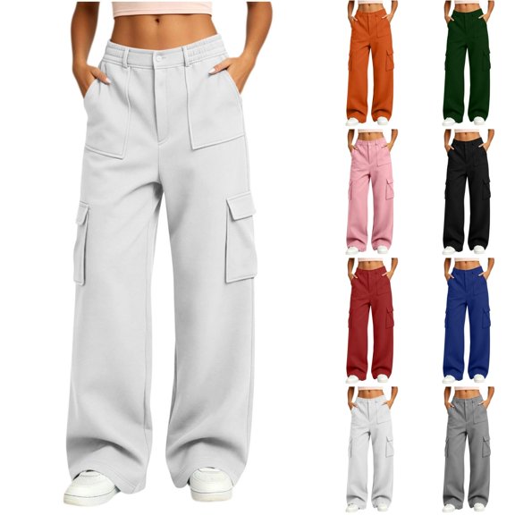 Qingpeng Womens High Waist Elastic Back Waist Wide Leg Cargo Pants Multi Flap Pockets Button Fly Soft Knit Casual Streetwear Trousers