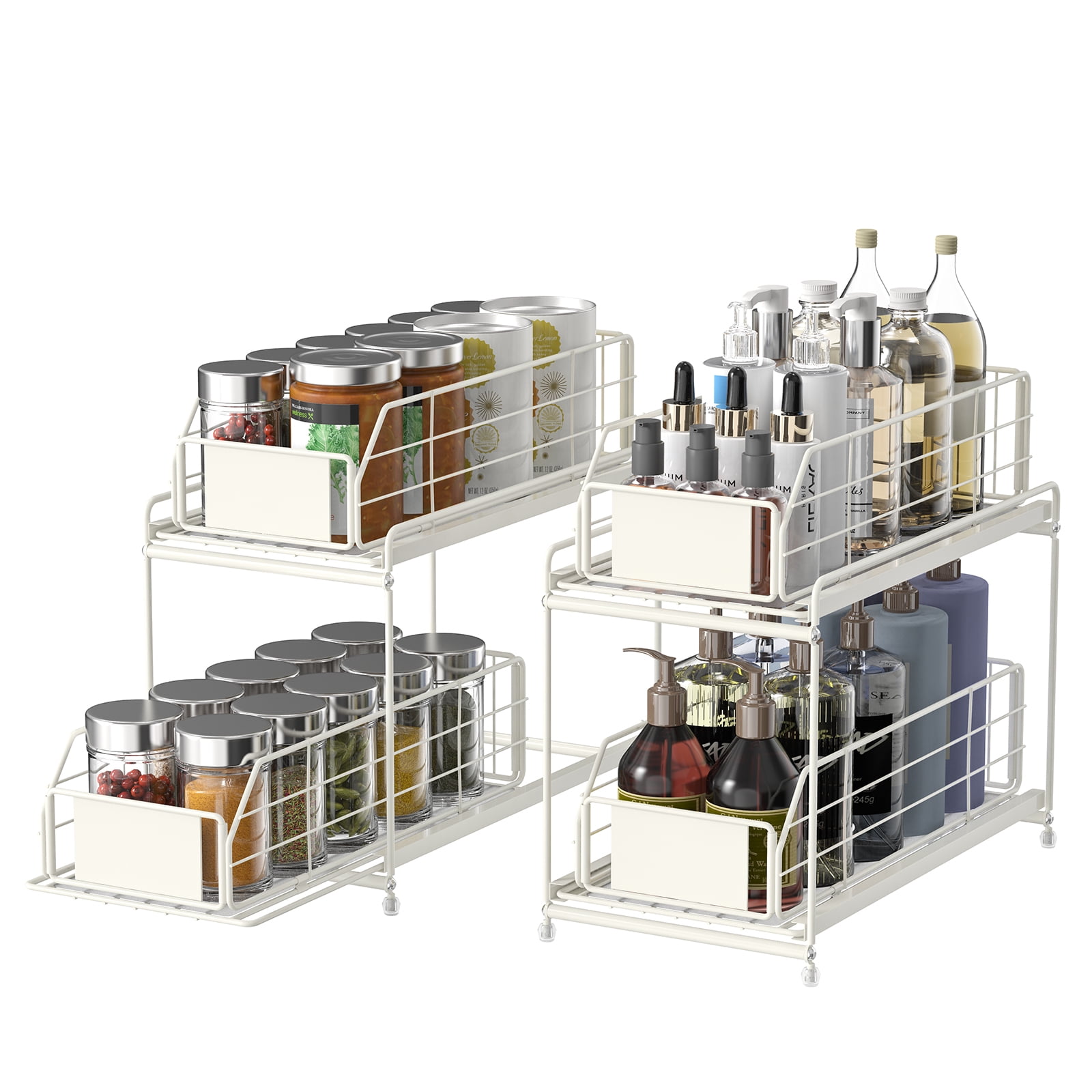 2-Tier Cabinet Storage Organizer Baskets with Sliding Drawer Set of 2, White