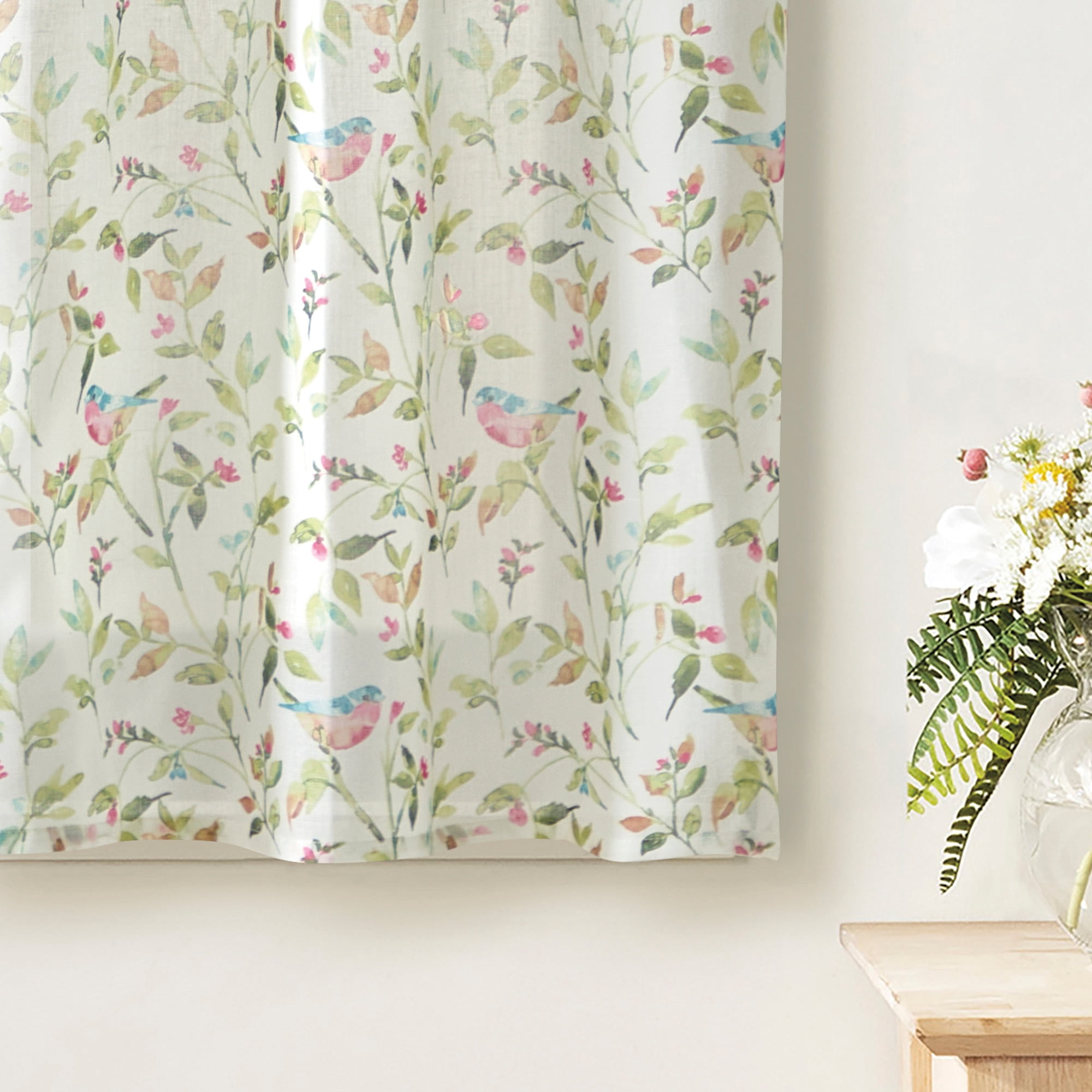 Martha Stewart Kensington Garden Print 24in Tier Set, Pink, Pole Top, Sheer, Indoor, Adult, 2 Piece Tier Set, 54 x 24