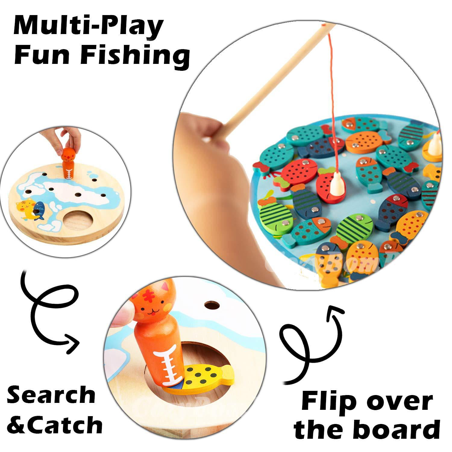 YIJU Wooden Fishing Game Toy Magnetic Fish Catching Games Toys Learning Educational for Toddlers Kids Letter 