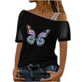 thumbnail image 1 of Blusa casual para mujer Camiseta estampada Malla Fuera del hombro Patchwork Manga corta Tops Pompotops  hkajfhjk473604, 1 of 7