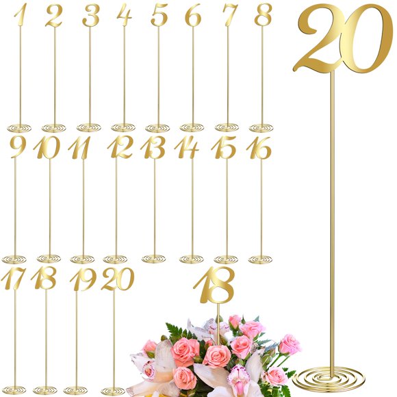 Therwen 20 Pcs Metal Table Numbers 1-20 Table Numbers for Wedding Reception 12 Inch Stainless Steel Party Desk Figure with Sturdy Holder Base for Banquet Wedding Party Event Catering(Gold)