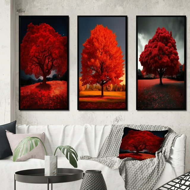 Designart « Majestueux Arbre Rouge Capturé en Photographie de Nature » Arbres de Paysage Ensemble d'Art Mural Encadré de 3 - Ensemble de Cadres Arbres Rouges pour Déco de Bureau