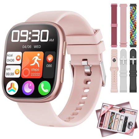 Mingdaln Smart Watches for Women Android iPhone (7 Bands Gift Set), [1.85" AMOLED Screen] Smartwatch Fitness Tracker Ip68 Waterproof with Bluetooth Calls, AI Control, 7 Days Battery,Pink