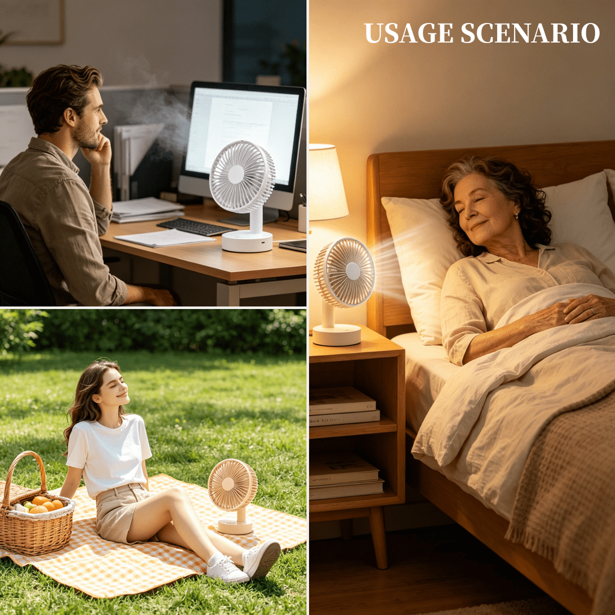 SpaceMuse 6 inch Oscillating Fan, 4 Speeds and 8H Timer Desk Air Circulator Fans with USB Rechargeable, 30dB Quiet Table Fan for Bedroom, Khaki
