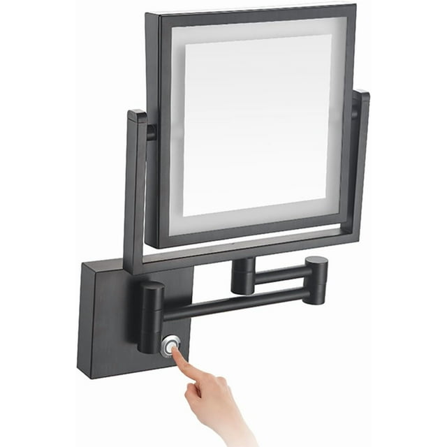 Square Lighted Makeup Mirror Wall Mount With Magnification, 1/3X Brass Zirconium Gold Magnifying Mirror Wall Mounted,Touch Stepless Dimming LED Lighted Makeup Mirror,Hardwired,Rose Gold,Black,USB