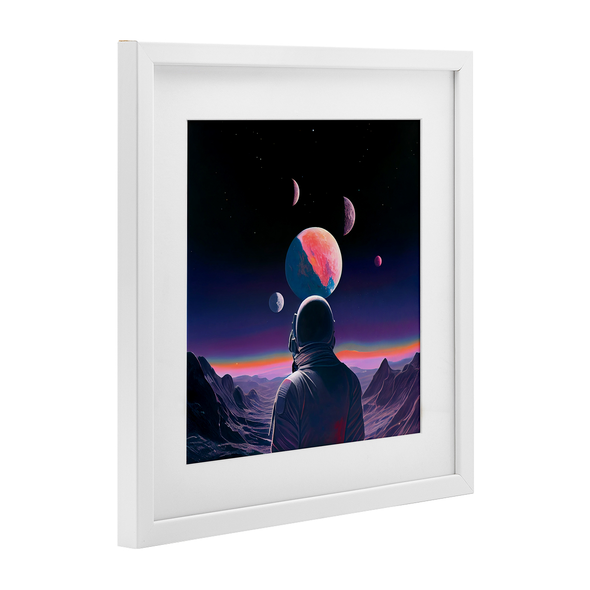 Astronaut & Purple Toned Terrain White Framed Print Under Glass, design by Sasha