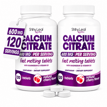 Calcium Citrate 600mg with Vitamin D3 & Magnesium - Fast Melting Bariatric Calcium for Post Surgery - Smooth Dissolving, Non-Chalky Alternative to Chewable Chews - Cherry - 2 Pack x 120 Ct.