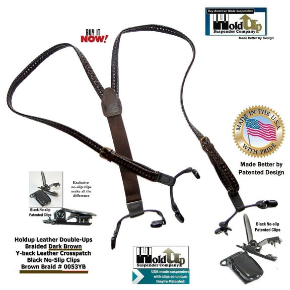 Hold-Ups Brown Braided Leather Suspenders in Double-Ups Style with Patented No-slip Clips