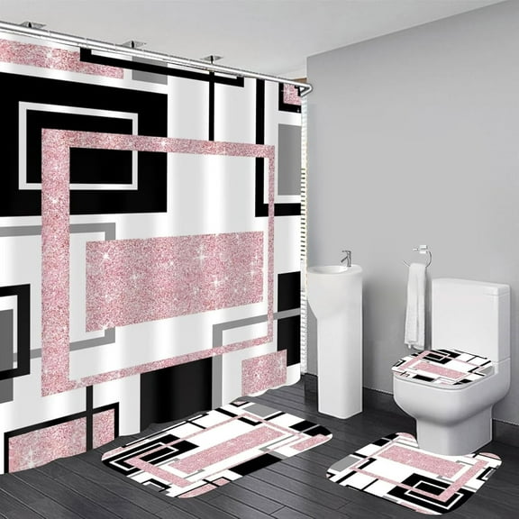 4 Pcs Pink Geometric Shower Curtain Sets Non-Slip Bath Rugs, Toilet Cover, U-Shaped Mat, Pink Geometric Modern Bathroom Decor with 12 Hooks