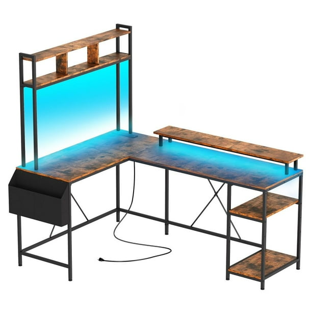 ChaoLink Escritorio para juegos en forma de L con luces LED y tomas de corriente, escritorio grande reversible de 67" con soporte para monitor y estantes