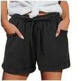 thumbnail image 3 of HVOBTTY Summer Women's Casual Wide Leg Workout Solid Color Linen Like Drawstring Loose Shorts Black, M, 3 of 5