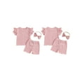 thumbnail image 3 of Aojekbee 3-Piece Toddler Girls Ribbed Set Ruffles Short Sleeve Round Neck Lacy Tops Elastic Waist Shorts Bow Hair Band Outfits, 3 of 10
