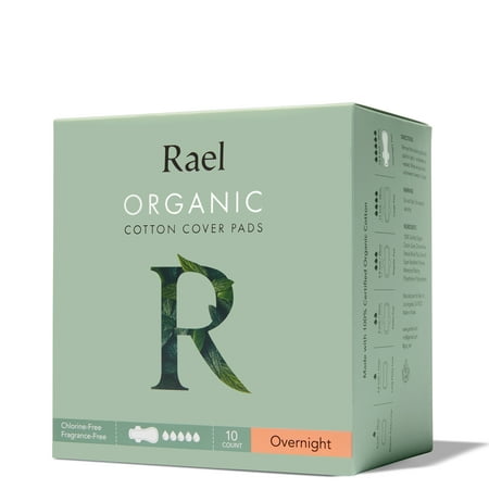 Rael Organic Cotton Cover Menstrual Overnight Pads - Unscented, Chlorine Free, Natural Sanitary Napkins with Wings, 10 Count