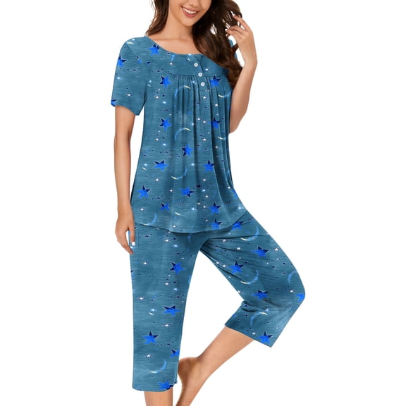 Snorda Pajama Set for Womens 2 Piece Short Sleeve Button Neck Pleated Printed Top and Capris Pants Summer Ladies Soft Comfortable Pajamas Set for Sleepwear Loungewear