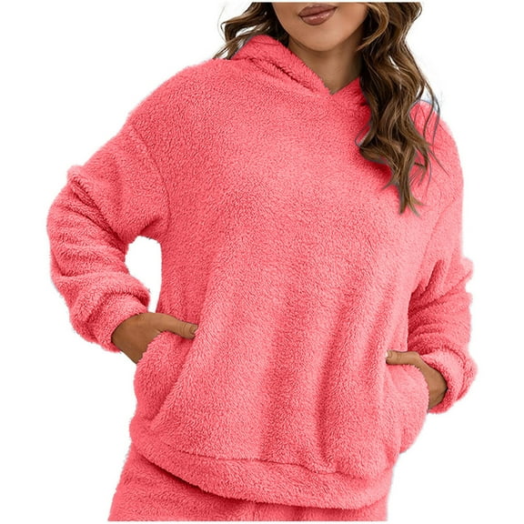 tarylea Hoodies for Women Plush Sweatshirt Solid Color Long Sleeve Pullover with Pocket Casual Loose Winter Warm Sleepwear Homewear Tops