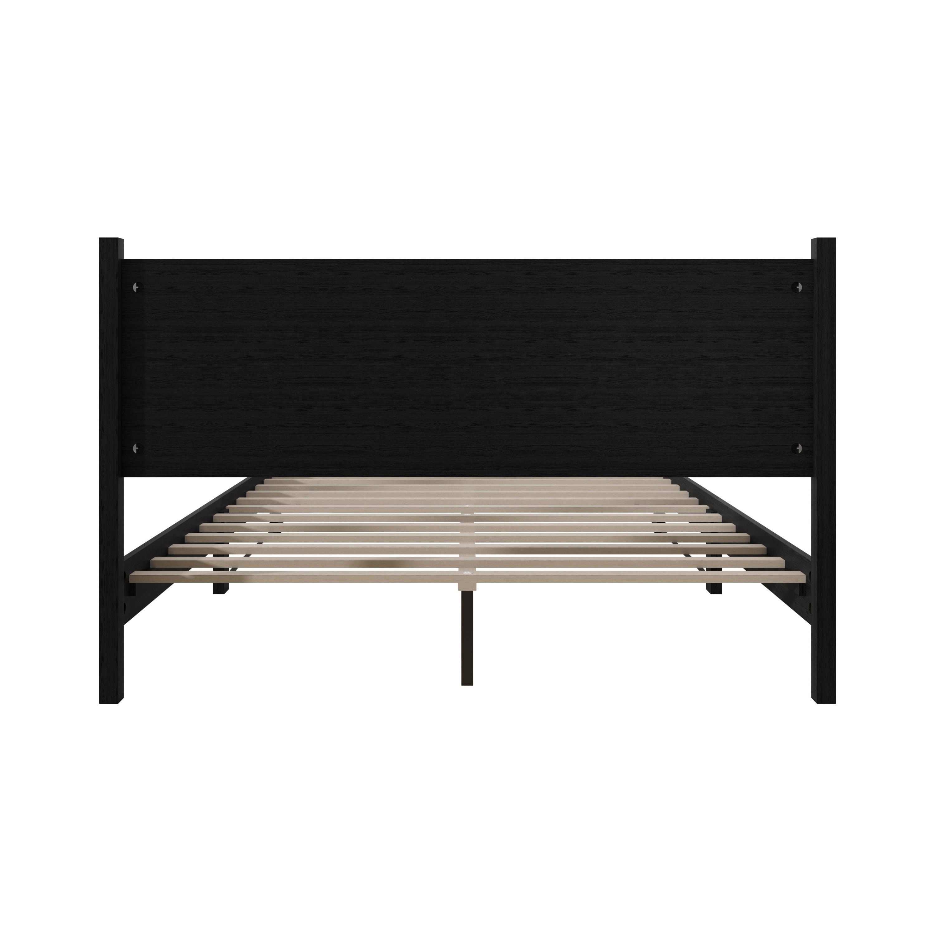 Home Design Branford Full Solid Wood Platform Bed Frame with Panel Headboard and Full Slat Support, Black