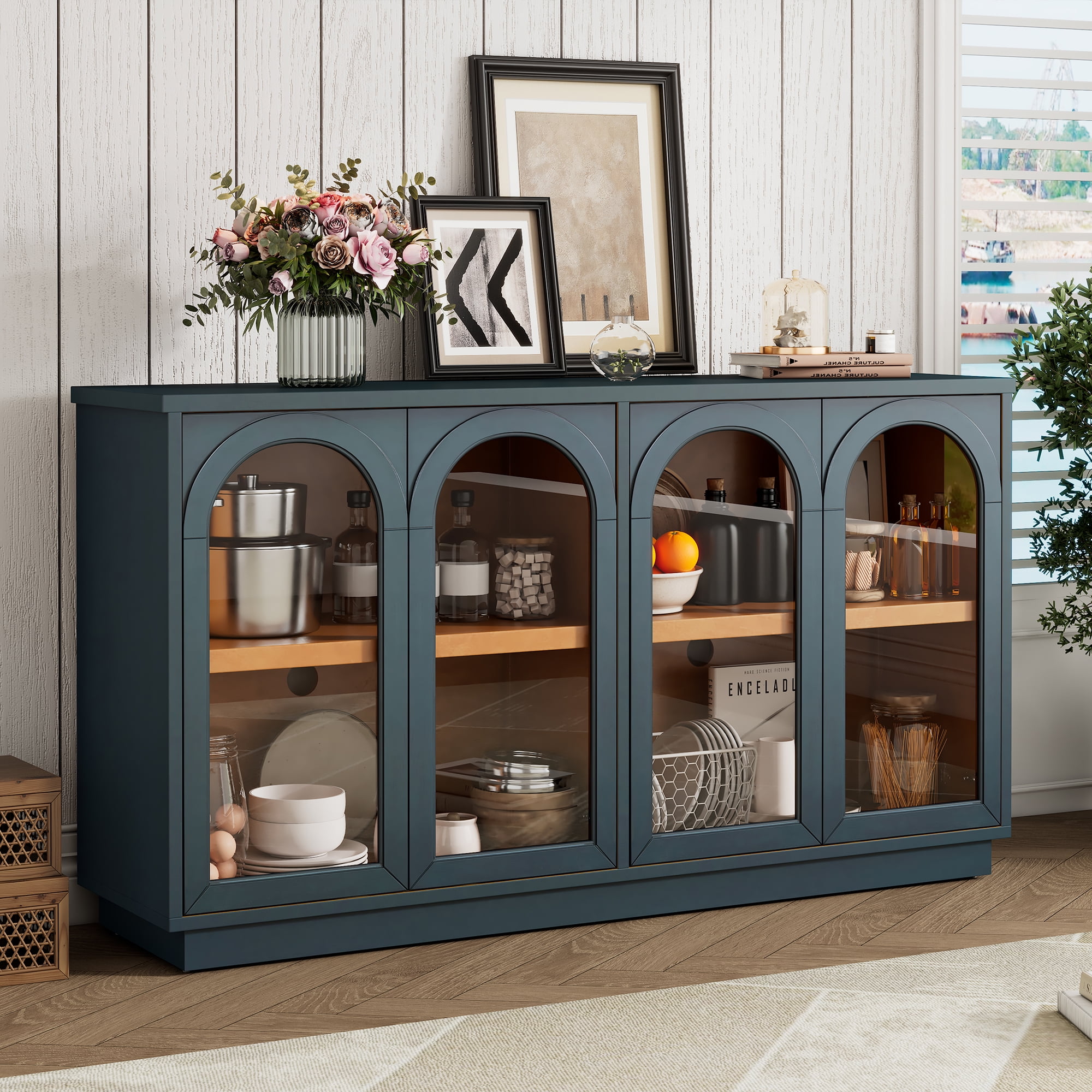 Aukfa Storage Buffet Cabinet with 4 Glass Doors, Large Arched Cabinet,Navy